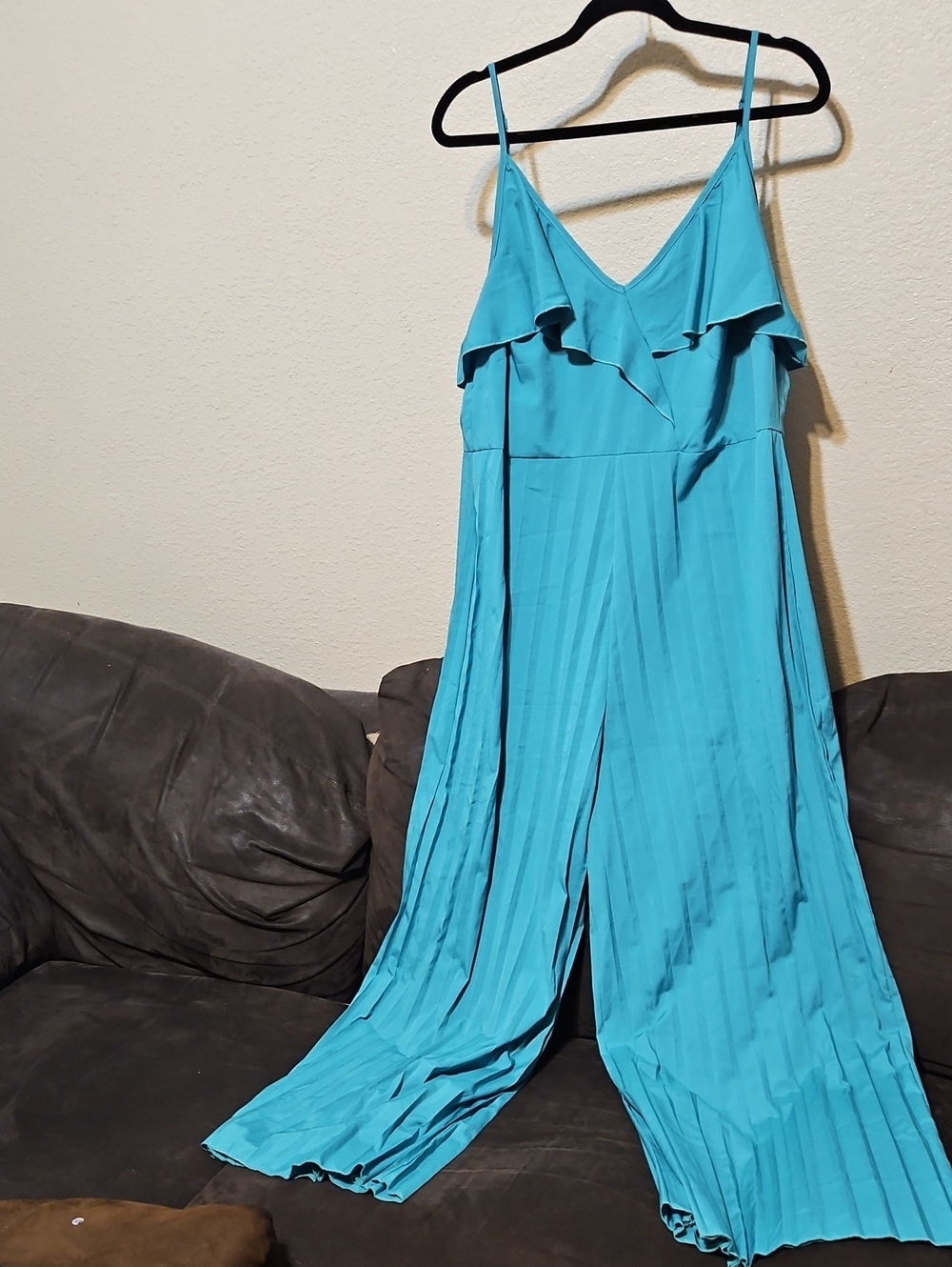 SHEIN Teal Ruffle V-Neck Pleated Wide-Leg Jumpsuit